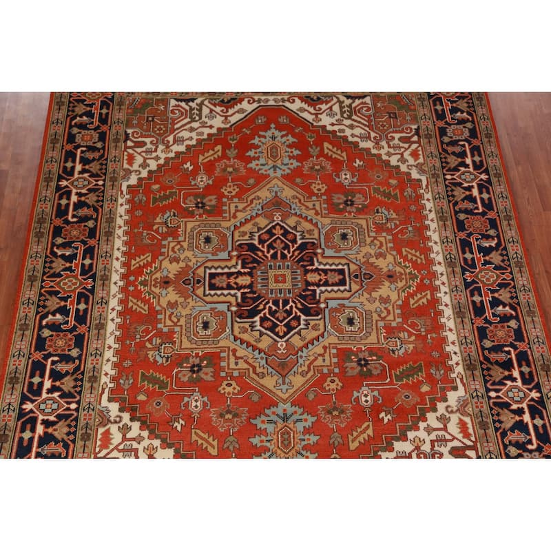 Geometric Heriz Serapi Indian Rug Hand-Knotted Oriental Wool Carpet - 8'11" x 11'11"