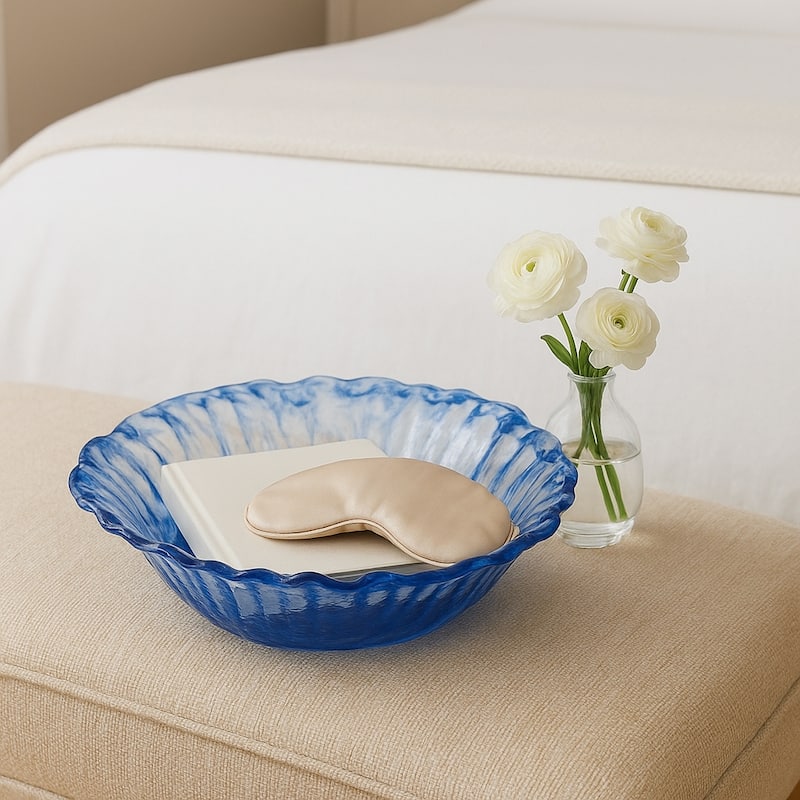 Decorative Round Glass Obmre Bowl - Home Decor - 14", Blue & Clear