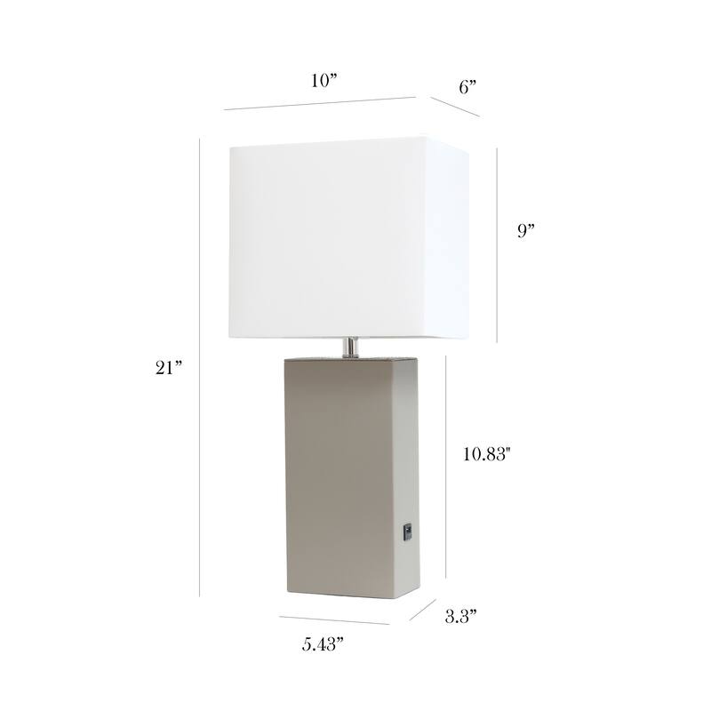 Modern Leather Table Lamp with USB and White Fabric Shade