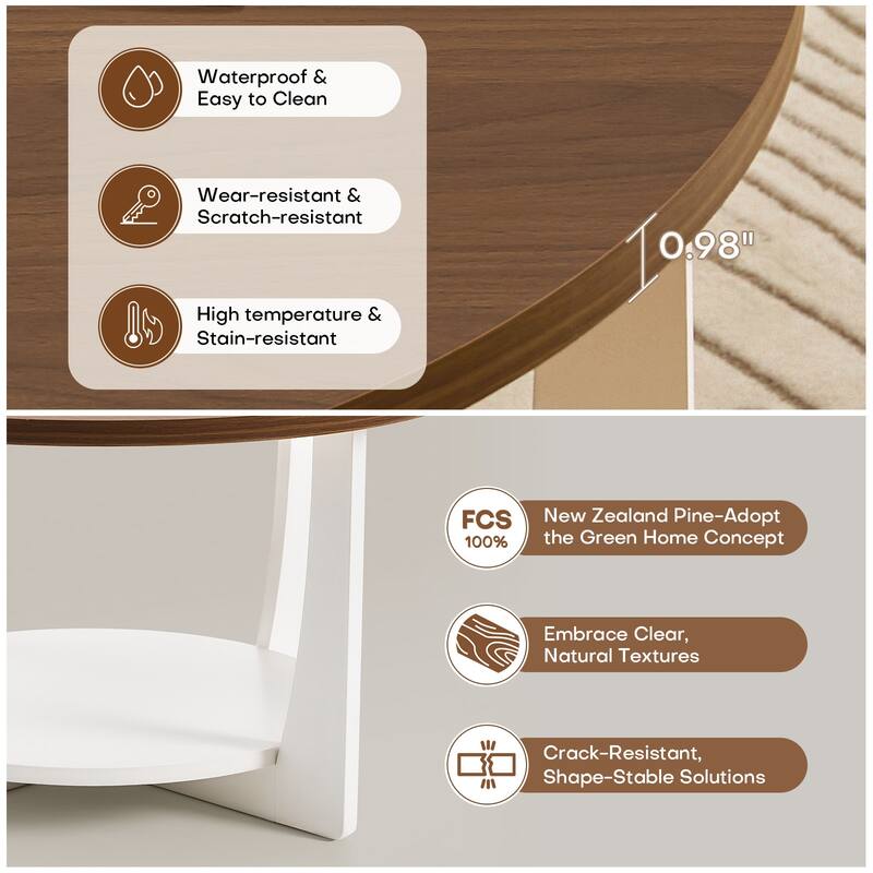 31.5" Round Coffee Table with Solid Wood Legs and 2-Tier Storage - 31.5"Dia x 17.72"H