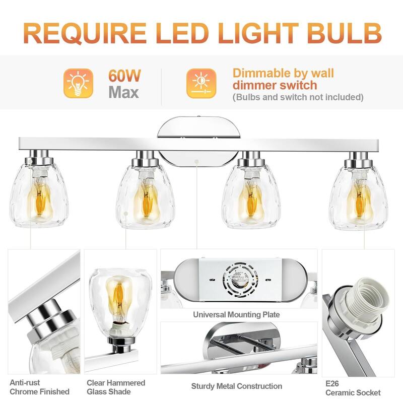 3/4/5 Light Bathroom Light Fixtures Chrome with Hammered Glass Shade