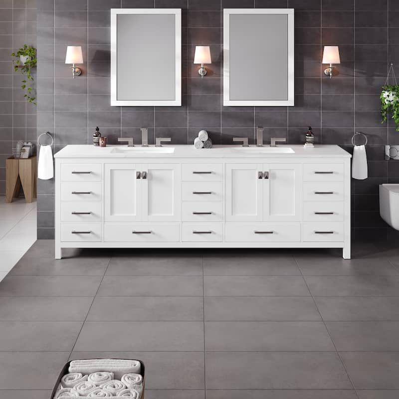 Aberdeen 96 in. White Double Sink Bath Vanity with Carrara Quartz Top and Undermount Porcelain Sinks - 96" - 96" - White