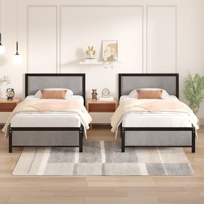 2 Pack Twin Upholstered Bed Set 40" Wide Bed with Nailhead Trim 12.6" Underbed Space & Padded Headboard Footboard