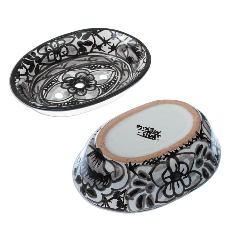 Novica Handmade Monochrome Flowers Ceramic Soap Dish - Black