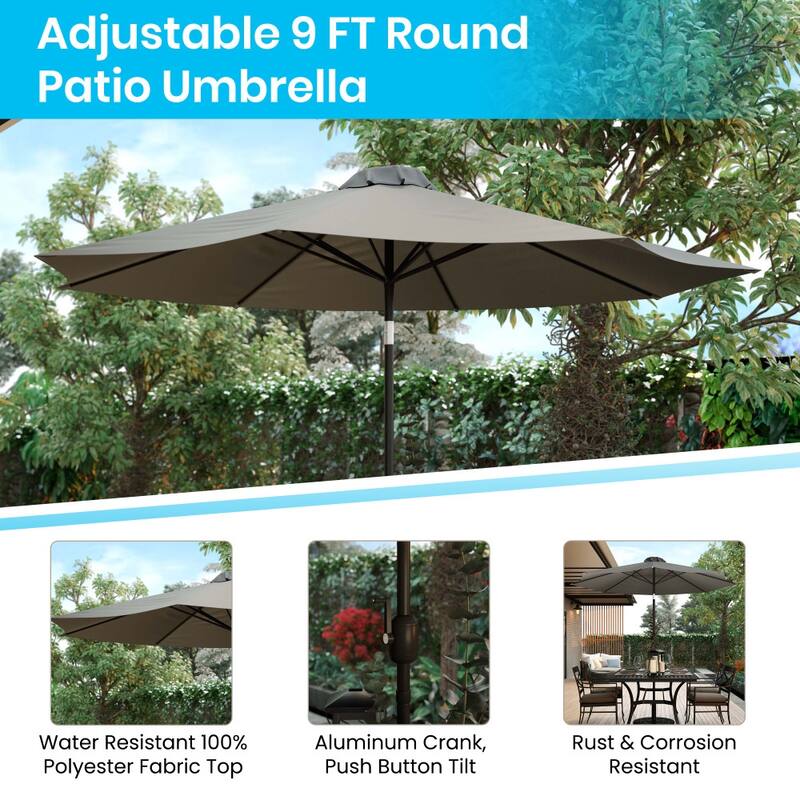35" Square Faux Teak Patio Table, 4 Chairs and 9FT Patio Umbrella with Base
