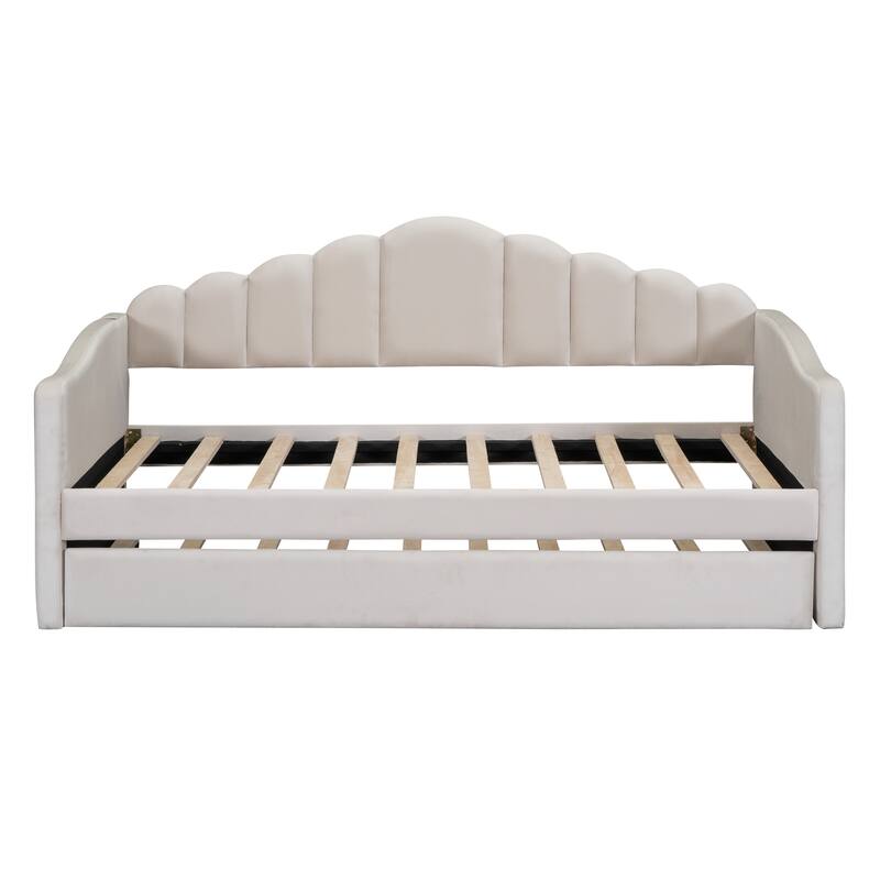 Twin size Upholstered Daybed with Trundle ,Velvet Sofabed with USB Charging Ports,No Box-spring Needed