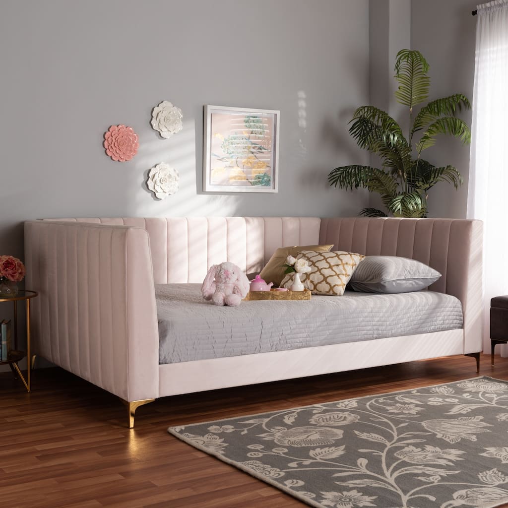 Pink Velvet Upholstered Queen Daybed with Channel Tufting and Gold Metal Legs, Glam Contemporary Bedroom Piece