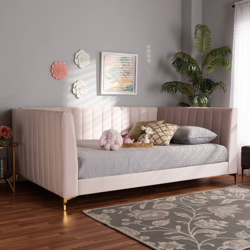 Pink Velvet Upholstered Queen Daybed with Channel Tufting and Gold Metal Legs, Glam Contemporary Bedroom Piece
