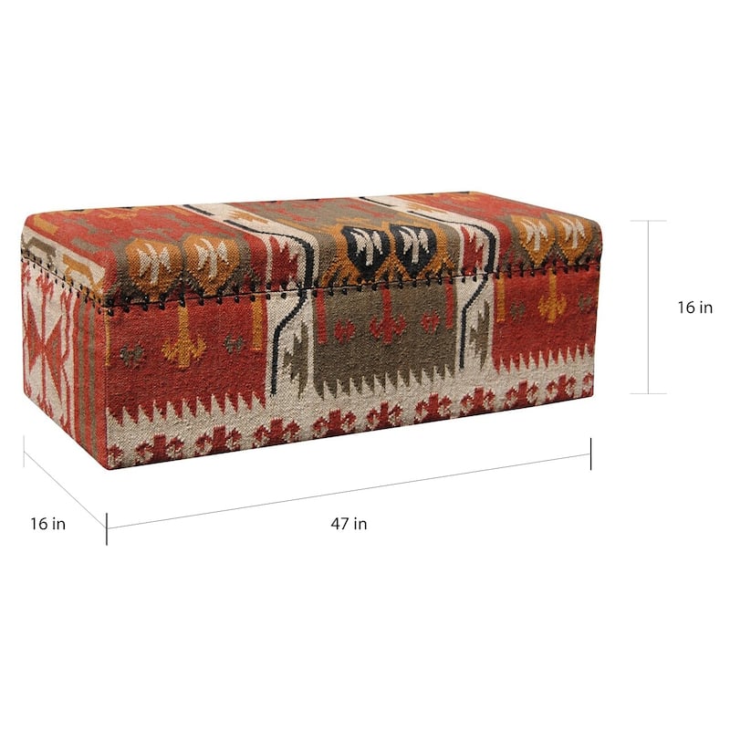 Handmade Indo Tribal Kilim Upholstered Storage Ottoman (India)