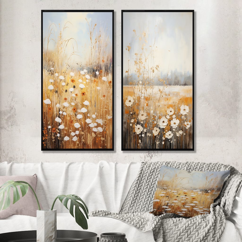 Designart "Meadow Of Dreams" Meadow Framed Art Set Of 2 - Traditional Wall Art Set beige Wall Decor 2 Pieces
