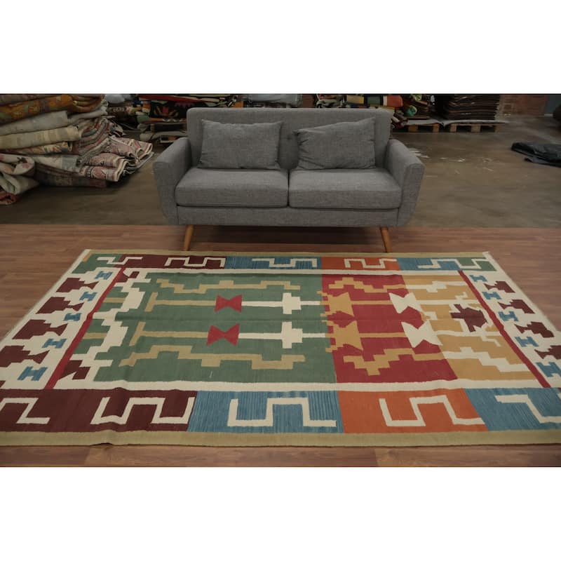 Hand Woven Oriental 100% Wool Carpet Southwestern Tribal Multi-Colored Kilim Area Rug - 8' 10'' X 5' 6''