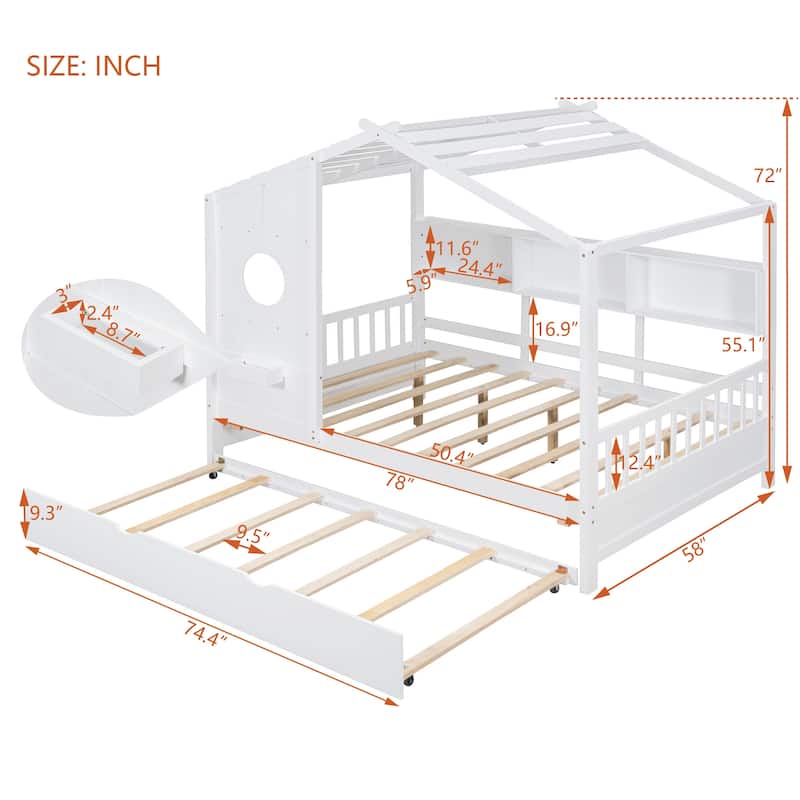 Wooden House Bed with Trundle with Built-In Storage Shelves by Harper&Bright Designs