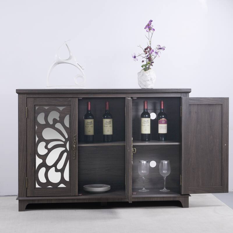 Anmytek 49" Brown Mirrored Door Sideboard Buffet Cabinet with Adjustable Shelves Spacious Storage for Living Room Kitchen