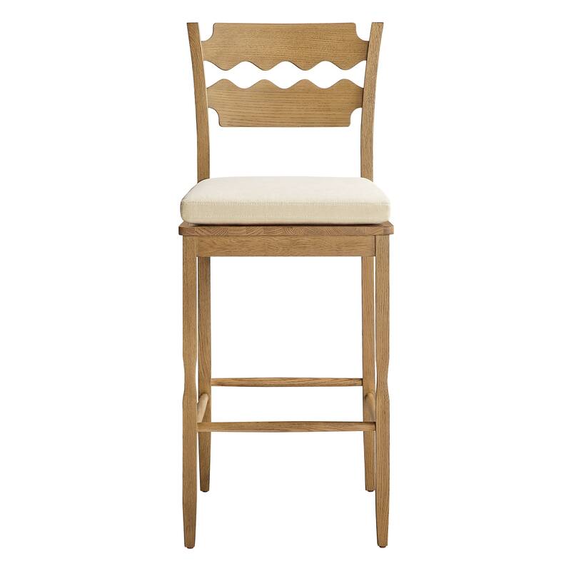 Jax Oak Wood Bar Stool With Wavy Razor Back and Cushion