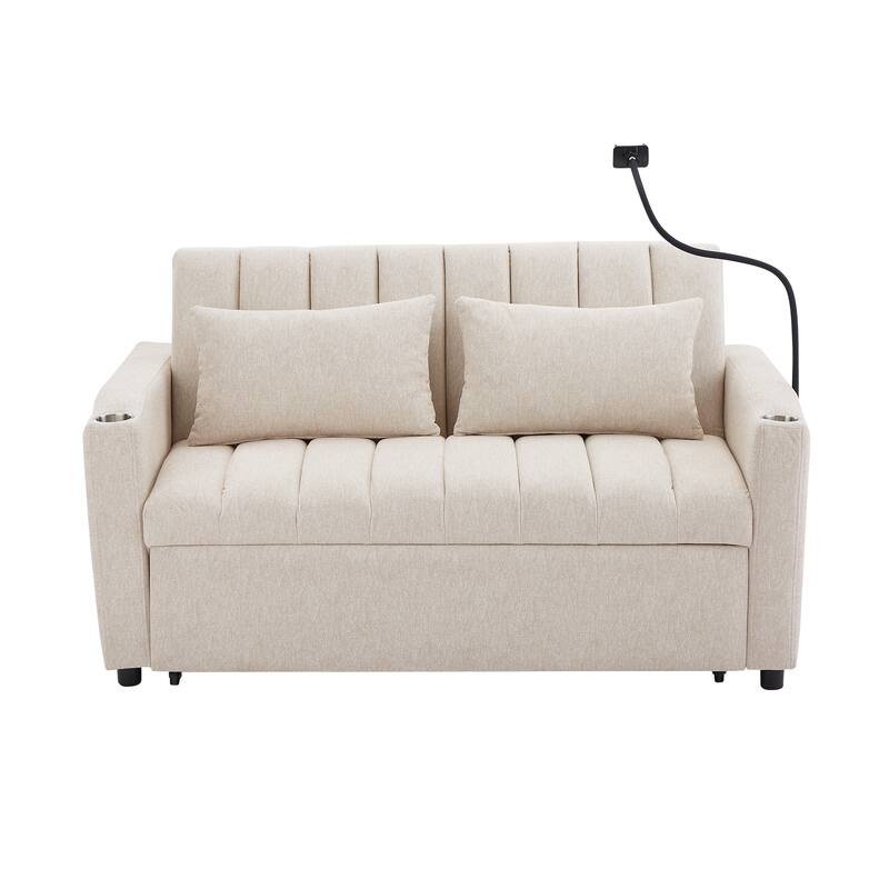 Modern Convertible Sofa Bed with 3 USB Ports, 2 Side Pockets, 2 Cup Holders and Phone Holder for Living Room and Apartment
