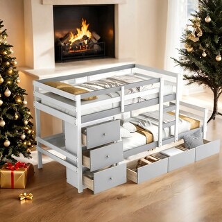 Grey Pine Wood Twin over Twin Loft Bunk Bed with Drawers and Ladder
