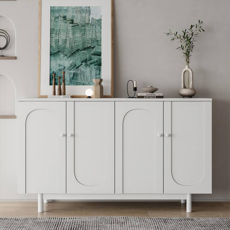 4-Door Buffet Cabinet with Storage, Kitchen Sideboard Buffet w/ Wood Legs, Adjustable Shelves, Living Room Storage Cabinet - White