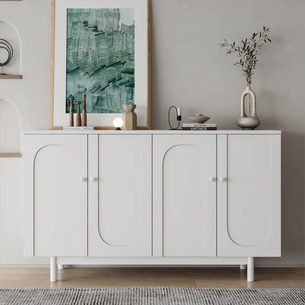 Roomfitters 4-Door Intaglio Storage Cabinet with Pine Legs, Solid Wood Pulls, and MDF, Stylish and Functional for Living Room