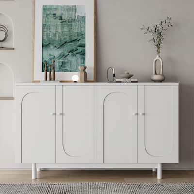 Stylish 4-Door Intaglio Storage Cabinet with Pine Legs