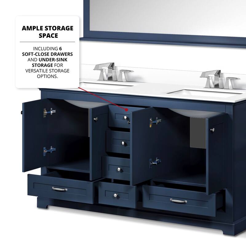 Dukes 60 in. W x 22 in. D Navy Blue Double Bath Vanity, White Quartz Top, Faucet Set, and 58 in. Mirror
