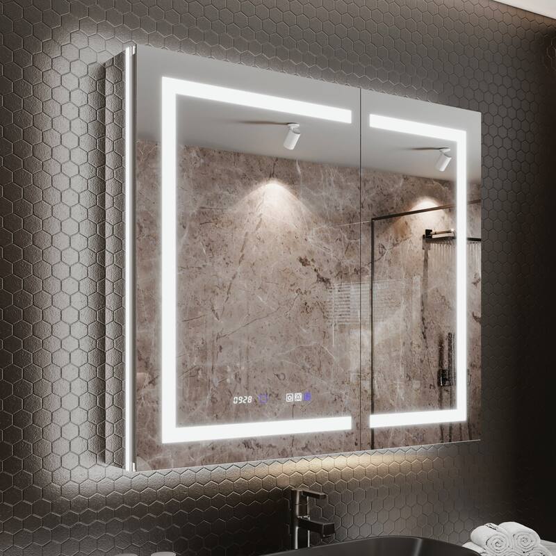 36'' H Recessed or Surface Mounted Bathroom LED Mirror Cabinet With Defogger, Dimmer, 10x magnifying