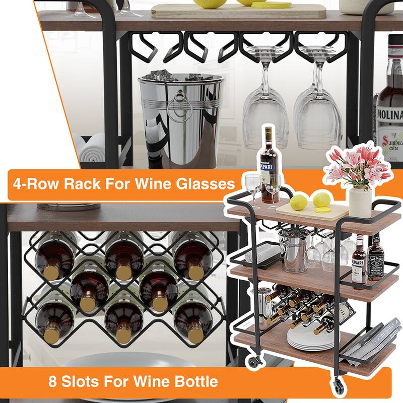 Modern Industrial 3-tier Bar Cart with Wine Rack