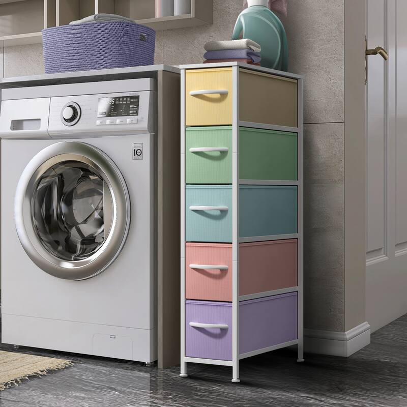 Sorbus Narrow Dresser with 5 Drawers - Vertical Slim Storage Chest of Drawers with Steel Frame, Wood Top & Easy Pull Fabric Bins