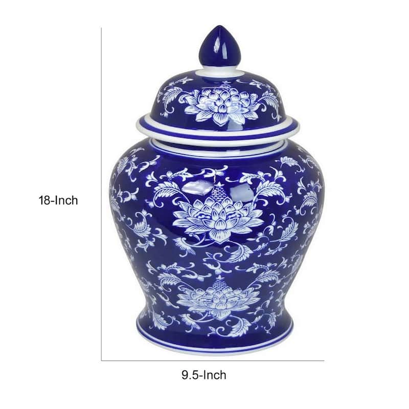Sen 18 Inch Ceramic Temple Jar with Lid, Blue and White Flower Design