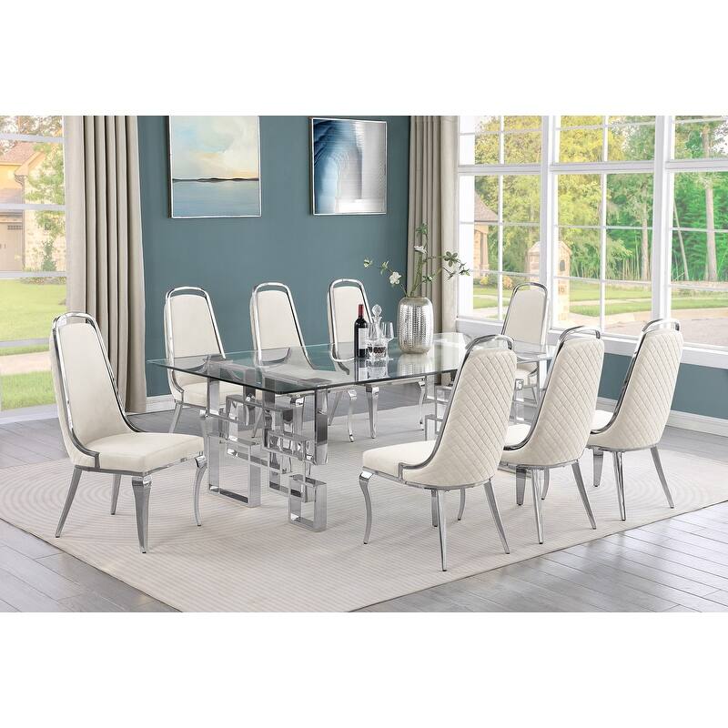 Best Quality Furniture Big Glass Table Dining Sets - 9pcs - Chrome - Cream