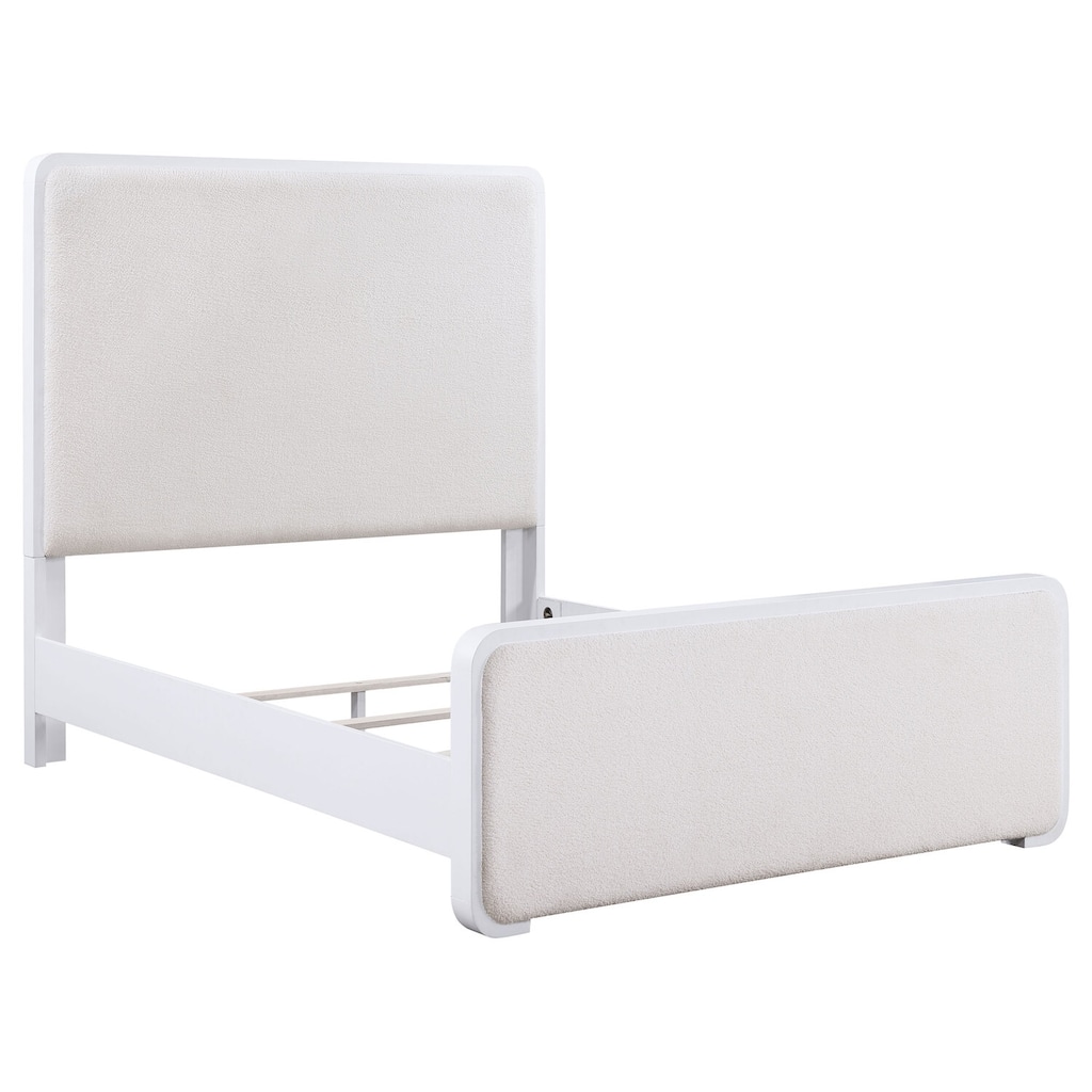 Upholstered Eastern King Panel Bed, Pearl White, Padded Headboard with Rounded Corners