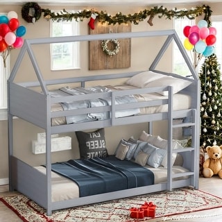 Low Height House Bunk Bed with Headboards,Guardrails,Ladder,Twin Over Twin Kids Bed