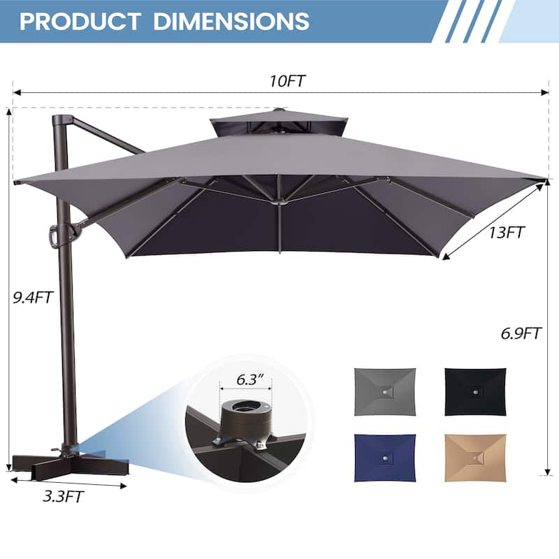 10 x 13 ft Outdoor Aluminum Double Top Patio Offset Cantilever Umbrella with Base