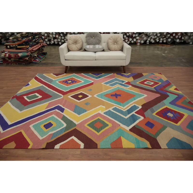 Hand Woven Oriental 100% Wool Carpet Southwestern Modern Multi-Colored Kilim Area Rug - 9' 7'' X 8' 1''