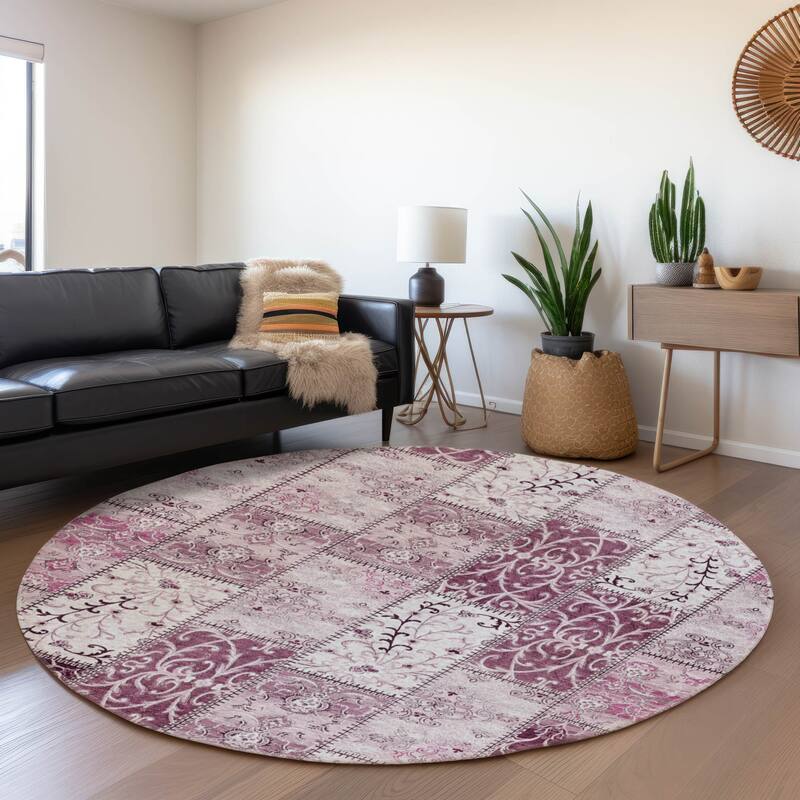 Premium Washable Super Soft Moroccan Boho Patchwork Mayfield Rug - Burgundy - 8' x 8' - Round