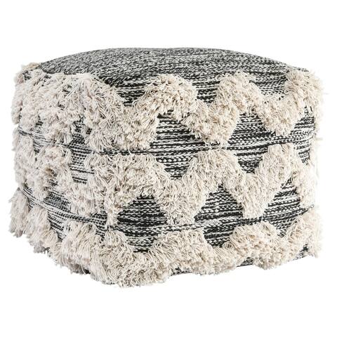 18 Inch Square Cube Accent Pouf, Zig Zag Shag Woven Pattern, Black, White