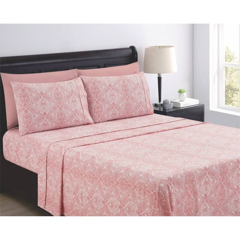SL SPIRIT LINEN HOME EST. 1988 Paisley 6pc Sheet Set - Microfiber 90GSM - Twin - Soft Pink
