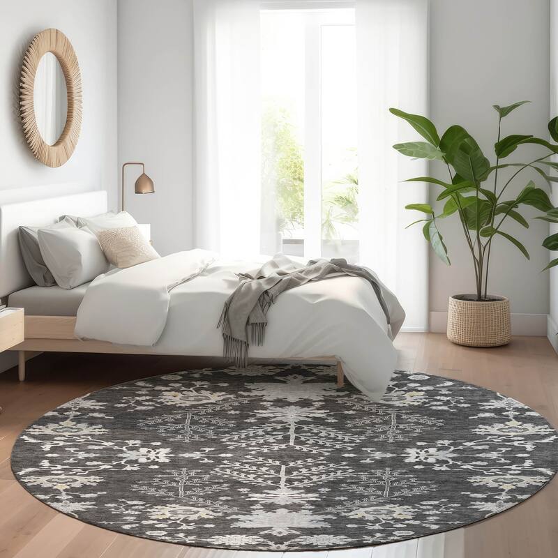 Machine Washable Indoor/ Outdoor Boho Traditional Chantille Rug - Charcoal - 8' x 8'