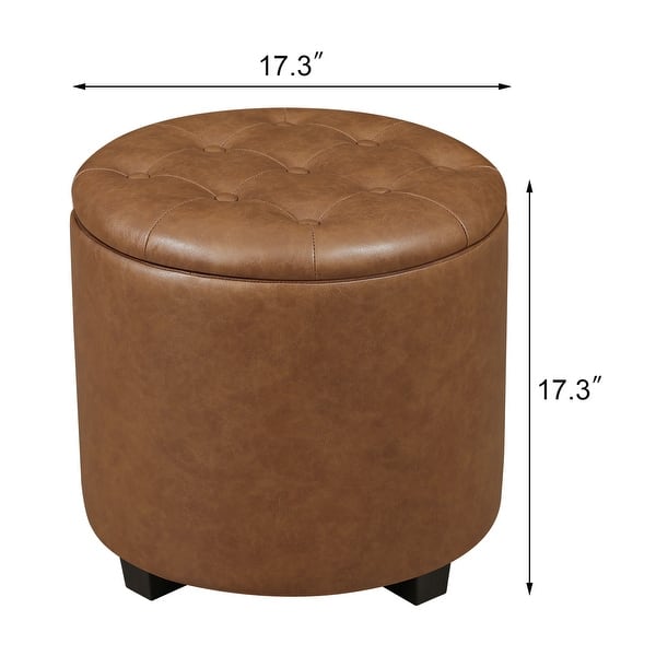 dimension image slide 1 of 5, Adeco Faux Leather Round Storage Ottoman with Tufted