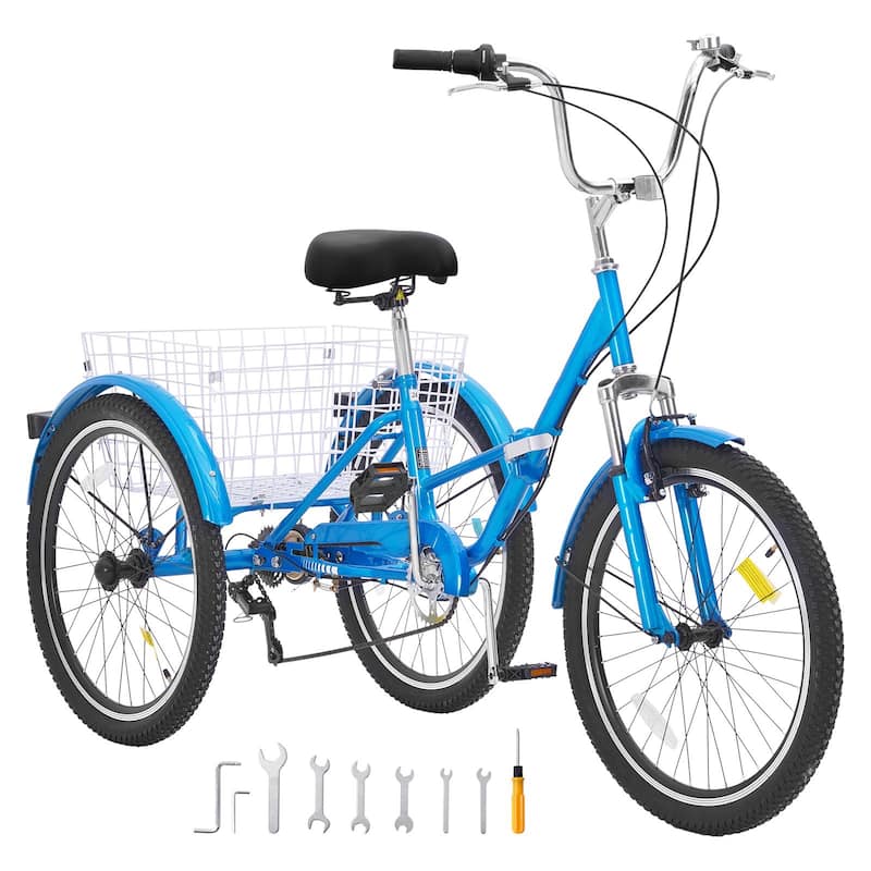 Folding 7-Speed Tricycle for Adults, 24-Inch 3-Wheel Bike with Basket & Adjustable Seat - 70.9 x 29.9 x 45.9 in - Blue