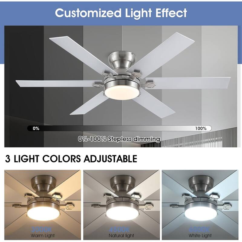 46/52 inch Flush Mount Ceiling Fan with Light,Remote and APP Control,6 Dual Side Blades,Reversible DC Motor