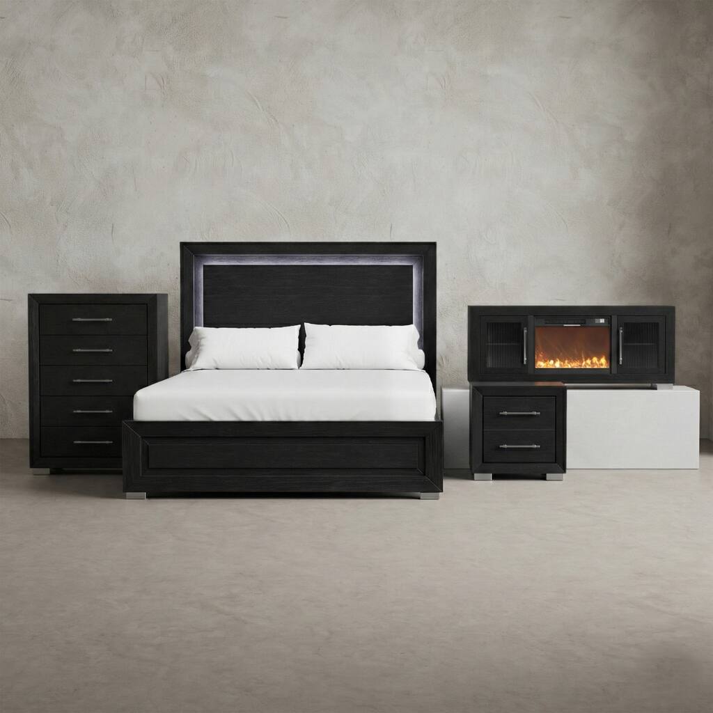 Furniture of America Alaric Modern Black 4-Piece Queen Bedroom Set with 60-inch Fireplace TV Stand, Chest and Nightstand