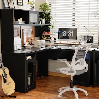 L Shaped Desk with File Cabinet and Hutch, Home Office Corner Computer Desk with Drawers and Charge Station