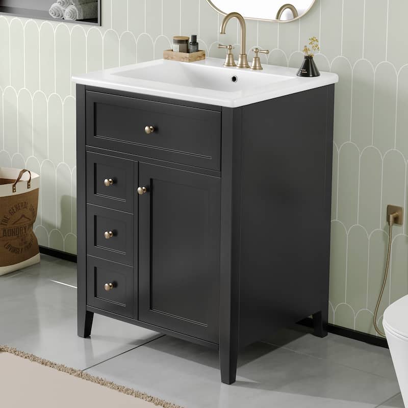 24" Bathroom Vanity with Sink Set Bathroom Storage Cabinet with 3 Drawers and Adjustable Shelves - Black