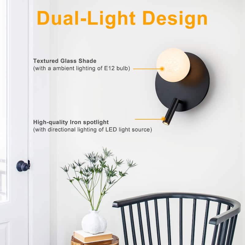 Black Dual-Light Wall Sconce with Textured Moon Glass Globe Modern