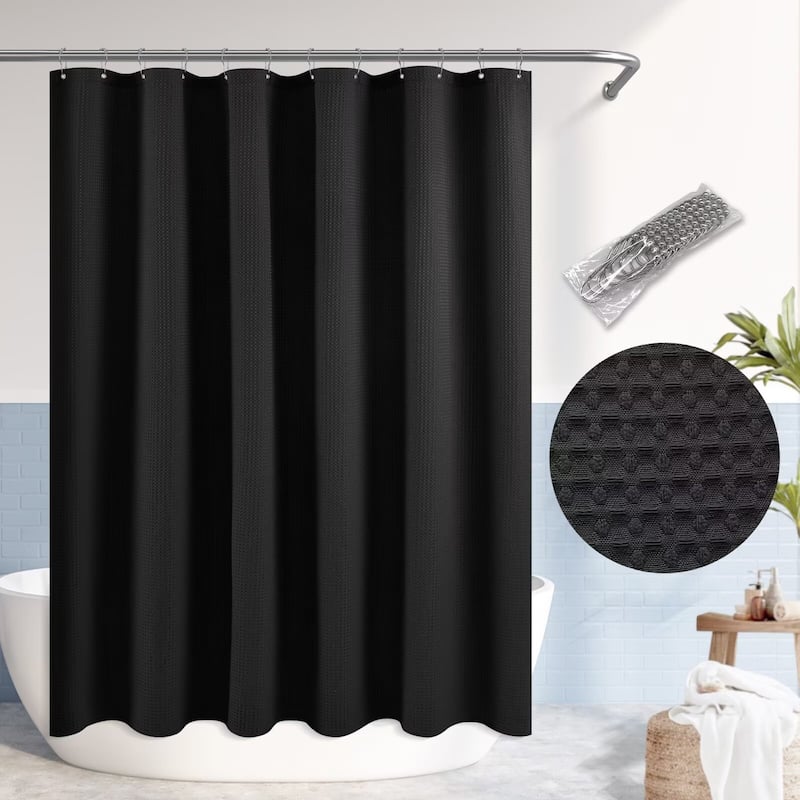 Dobby Waffle Shower Curtain with 12 Metal Hooks