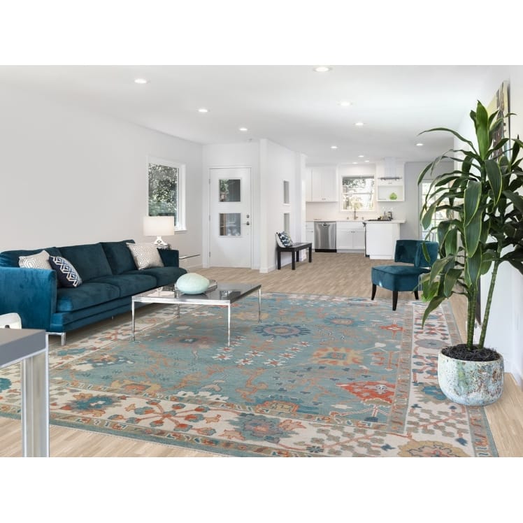 Hand Knotted Oriental 100% Wool Carpet Transitional All-Over Navy Blue & Blues Oushak Area Rug - 12' 4'' X 9' 2''
