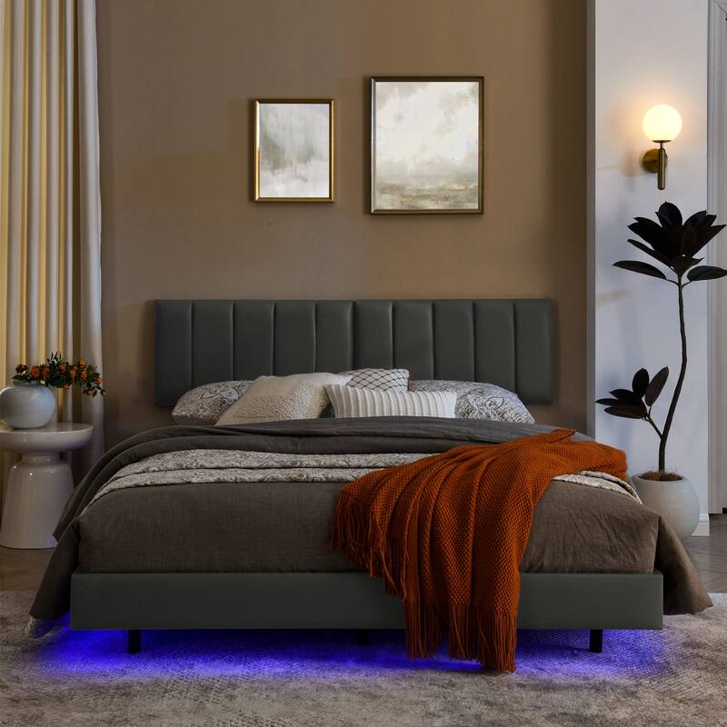 Queen Floating Bed Frame with LED Lights and Wall Mounted Headboard Low Profile Led Platform Bed Frame,No Box Spring Needed
