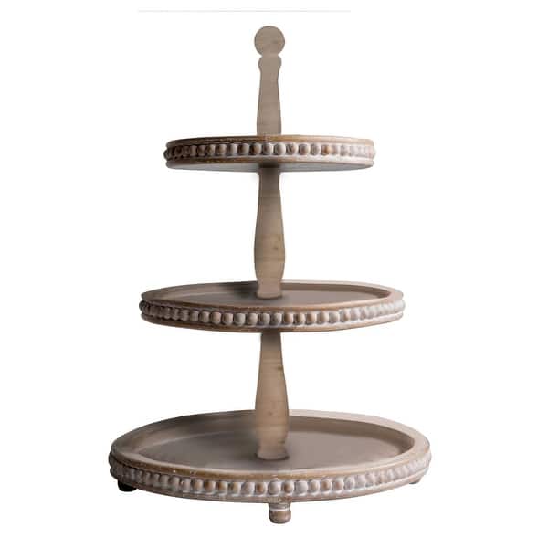 Unknown1 Whitewashed Round Decorative 3 Tier Wood Tray with Beaded Design Size Brown Farmhouse Finish 