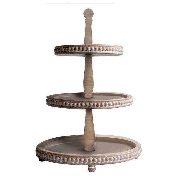 Unknown1 Whitewashed Round Decorative 3 Tier Wood Tray with Beaded Design Size Brown Farmhouse Finish Unknown1 Whitewashed Round Decorative 3 Tier Wood Tray with Beaded Design Size Brown Farmhouse Finish