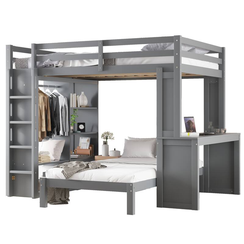Convertible Solid Wood Loft Bed with Desk, Wardrobe, and Shelves, Grey